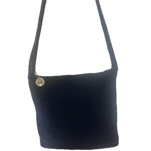 The Sak Navy Blue Crochet Shoulder Bag Zip Top Silver Hardware 14in Strap Charm